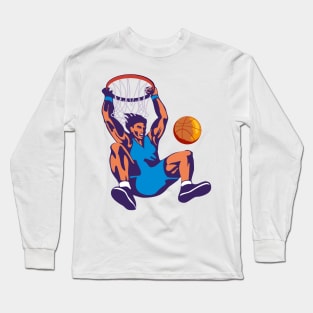 Basketball Player Dunking Hanging on Hoop Retro Long Sleeve T-Shirt